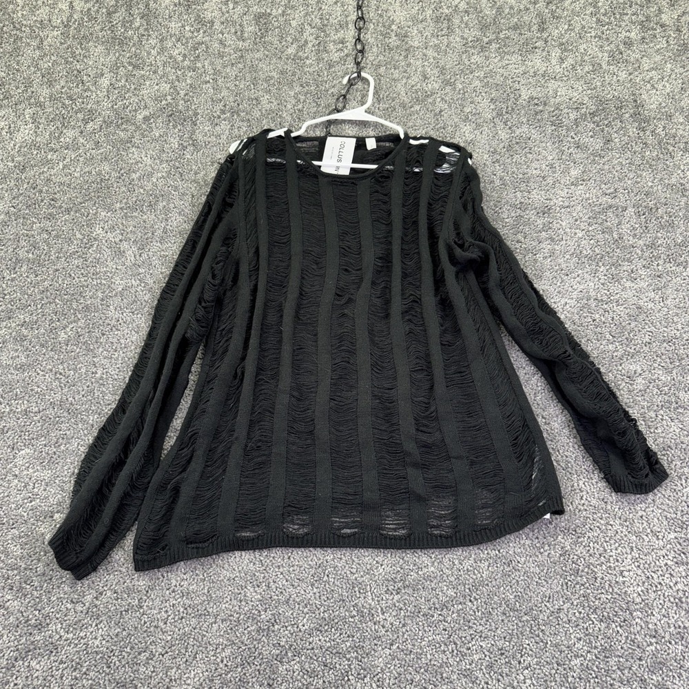 COLLUSION Sweater Womens 3XL Black Open Knit Sheer Stripe Fringe Crew Pullover